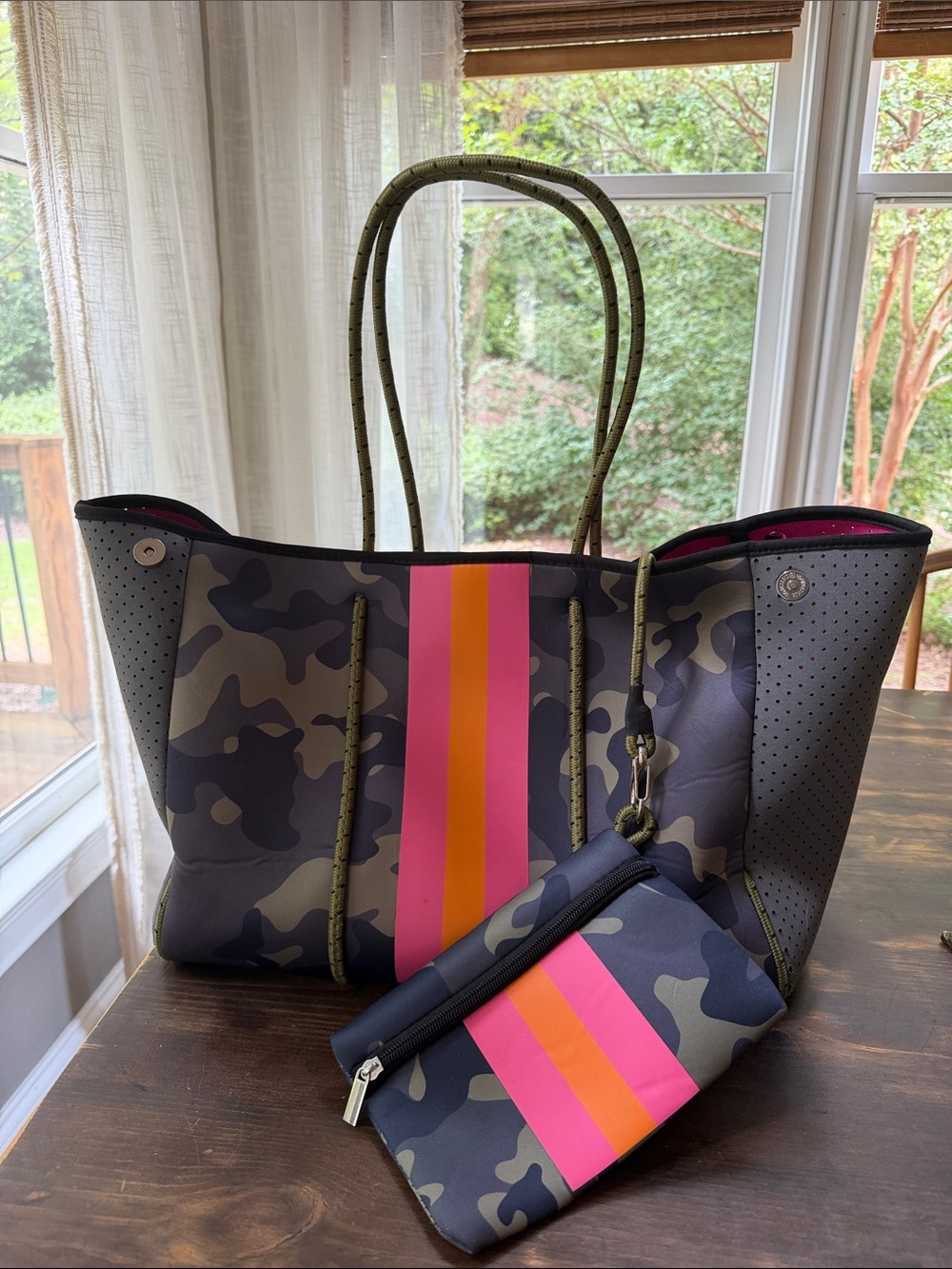 Camo Neoprene Tote with Pink & Orange Center Stripe